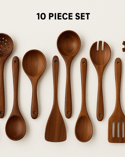 10 - Piece Teak Wooden Utensil Set - Urban Jiko